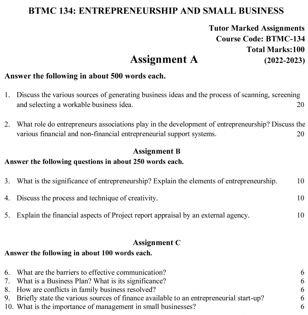 BTMC-134 - Entrepreneurship and Small Business-July 2022 – January 2023