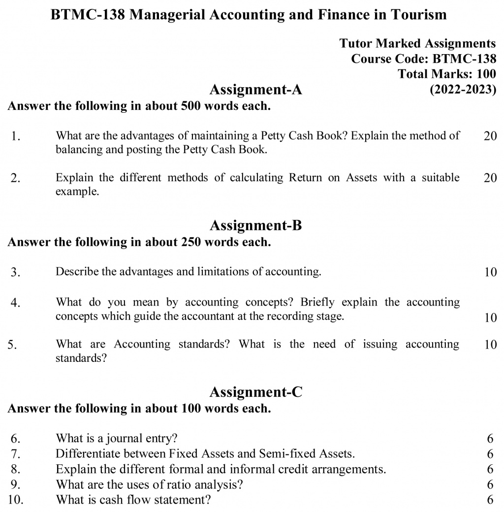 BTMC-138 - Managerial Accounting and Finance in Tourism-July 2022 – January 2023