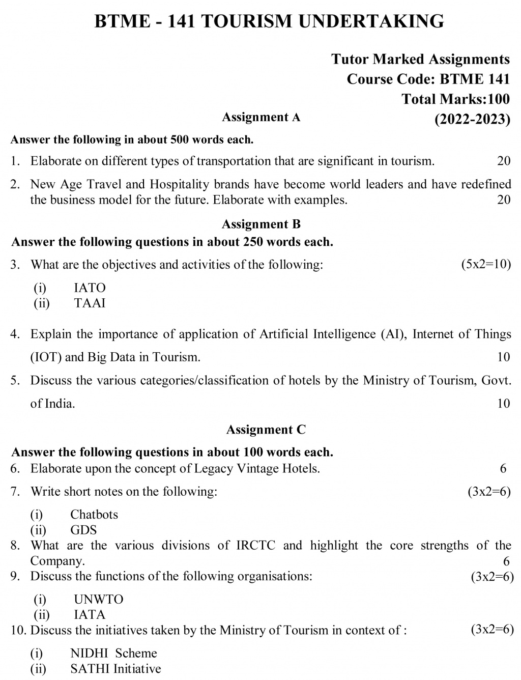 BTME-141 - Tourism Undertaking-July 2022 – January 2023