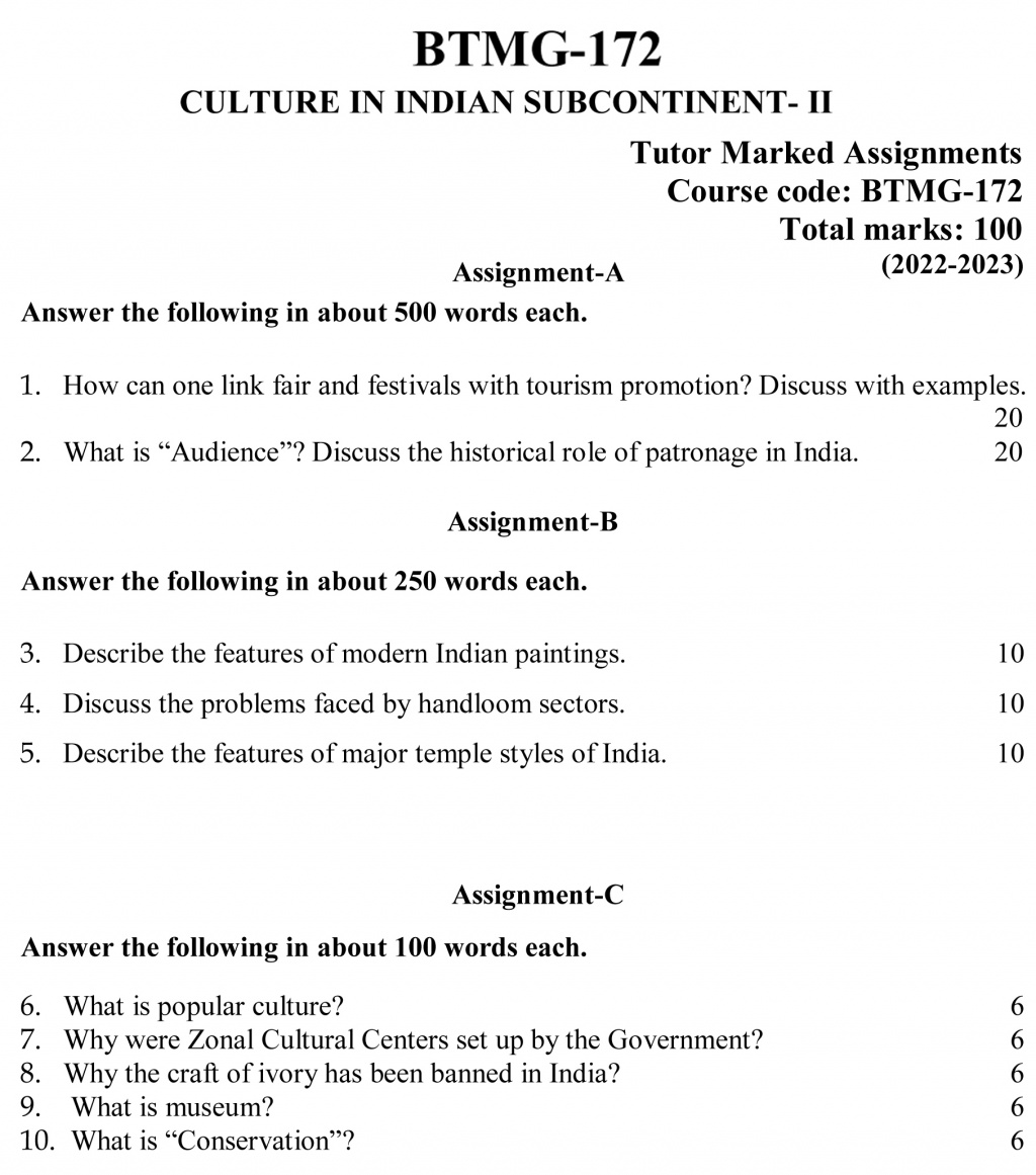 BTMG-172 - Culture in Indian Subcontinent II-July 2022 – January 2023