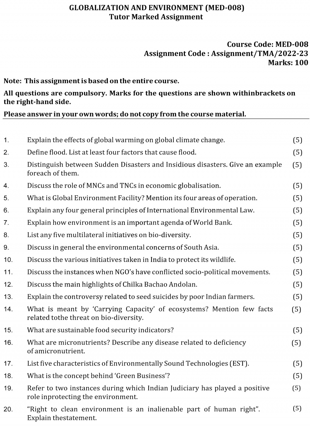 IGNOU MED-08 - Globalisation and Environment Latest Solved Assignment-July 2022 – January 2023