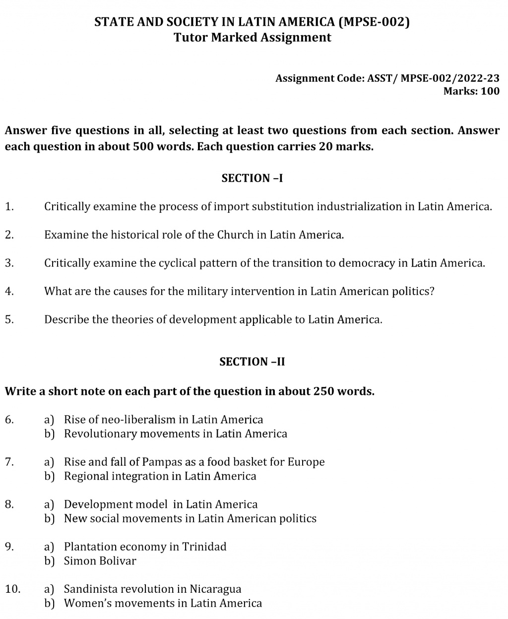 IGNOU MPSE-02 - State and Society in Latin America Latest Solved Assignment-July 2022 – January 2023