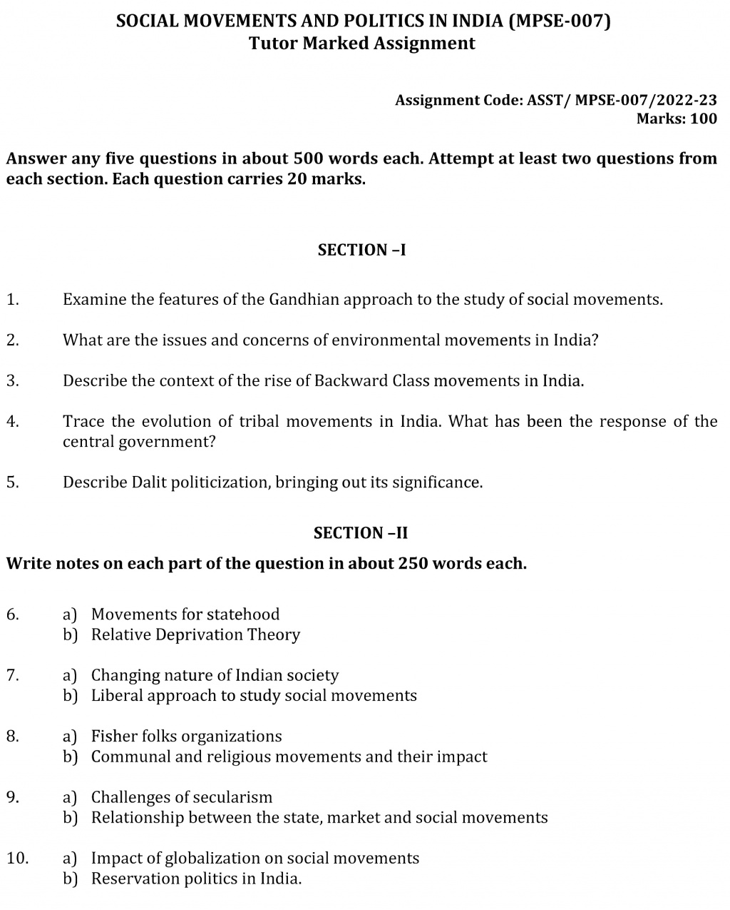 IGNOU MPSE-07 - Social Movements and Politics in India Latest Solved Assignment-July 2022 – January 2023