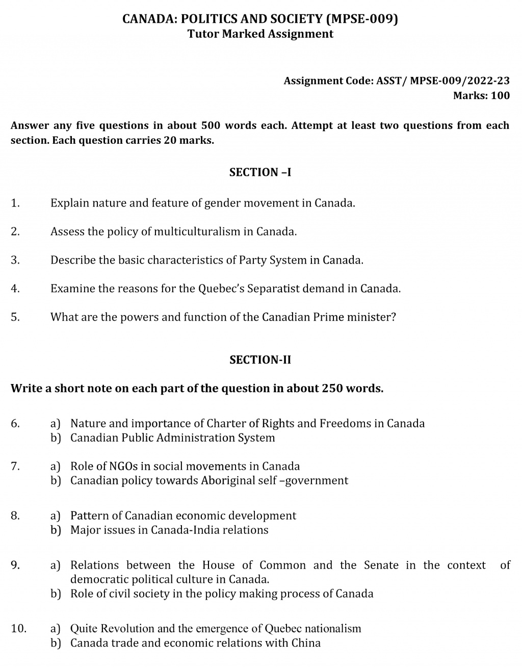 IGNOU MPSE-09 - Canada: Politics and Society Latest Solved Assignment-July 2022 – January 2023