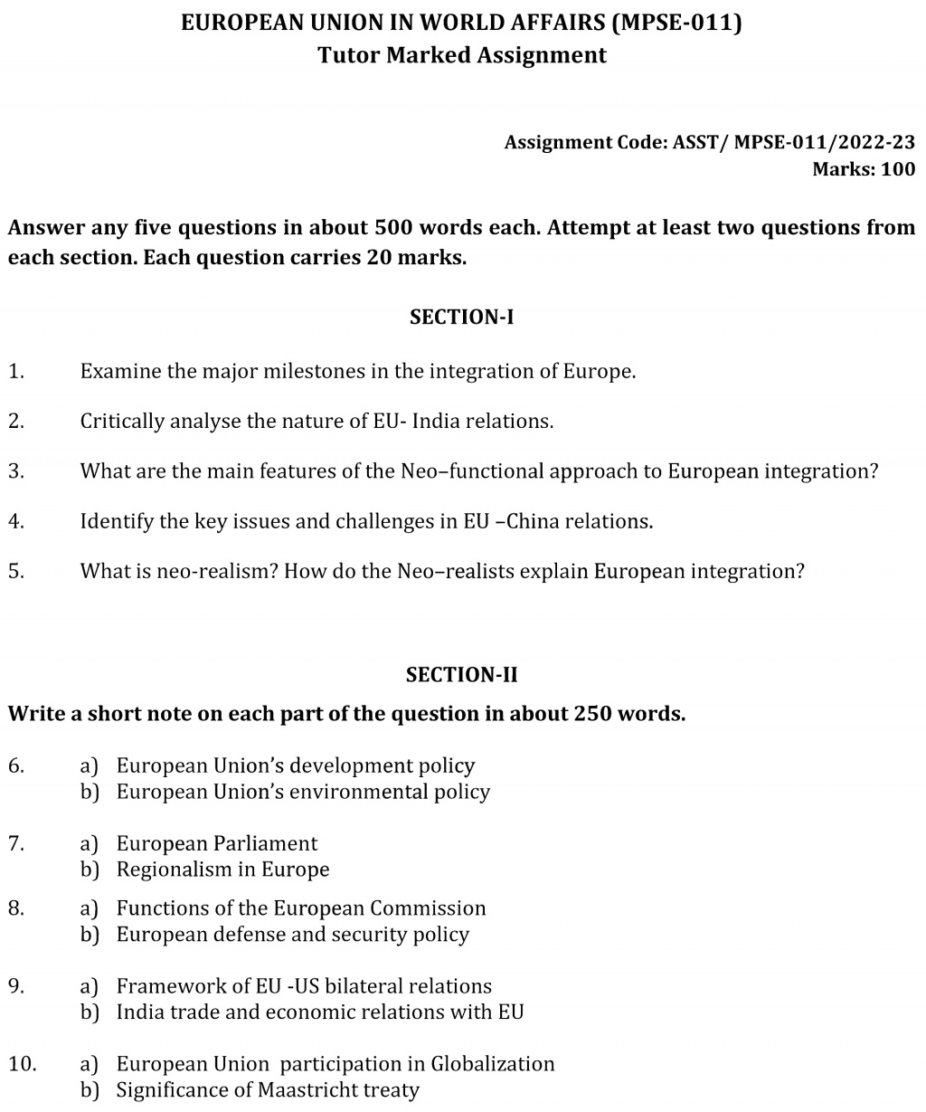 IGNOU MPSE-11 - The European Union in World Affairs Latest Solved Assignment -July 2022 – January 2023