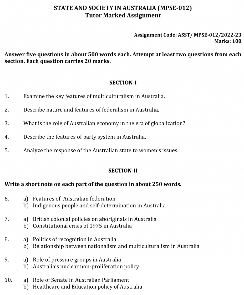 IGNOU MPSE-12 - State and Society in Australia Latest Solved Assignment-July 2022 – January 2023