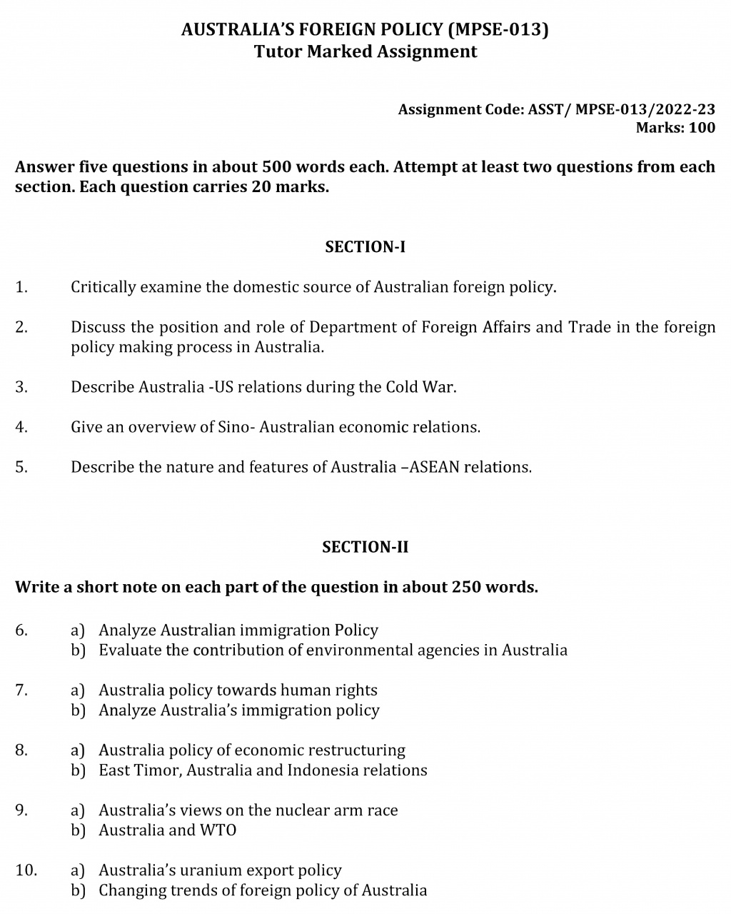 IGNOU MPSE-13 - Australia’s Foreign Policy Latest Solve Assignment-July 2022 – January 2023