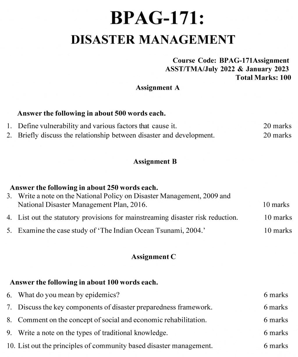 IGNOU BPAG-171 - Disaster Management, Latest Solved Assignment-July 2022 – January 2023