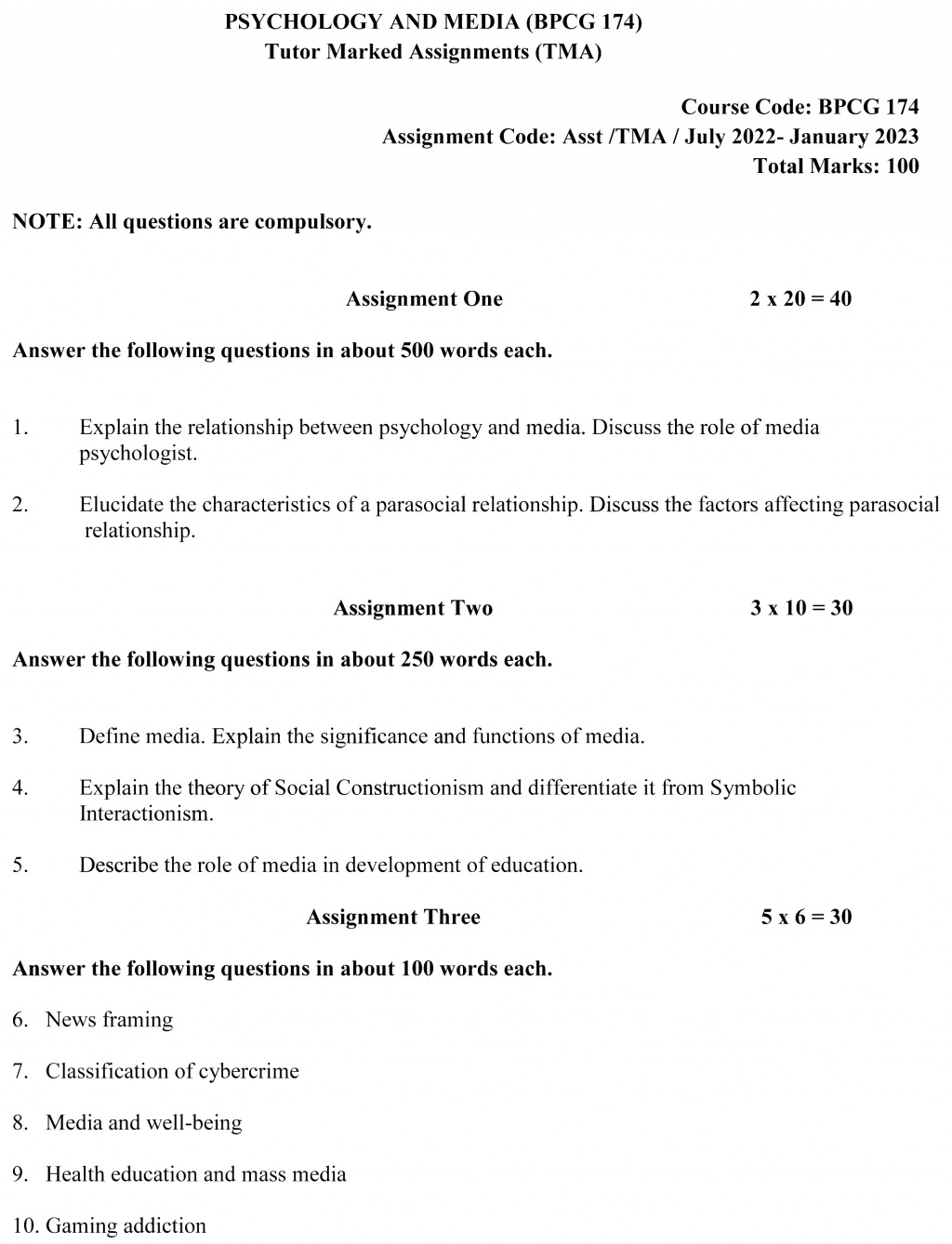 IGNOU BPCG-174 - Psychology and Media, Latest Solved Assignment-July 2022 – January 2023