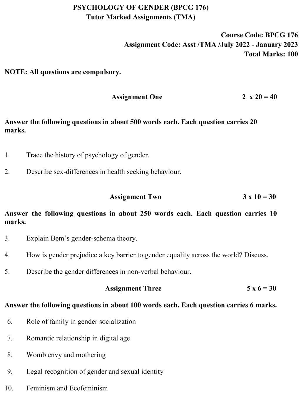 IGNOU BPCG-176 - Psychology of Gender, Latest Solved Assignment -July 2022 – January 2023