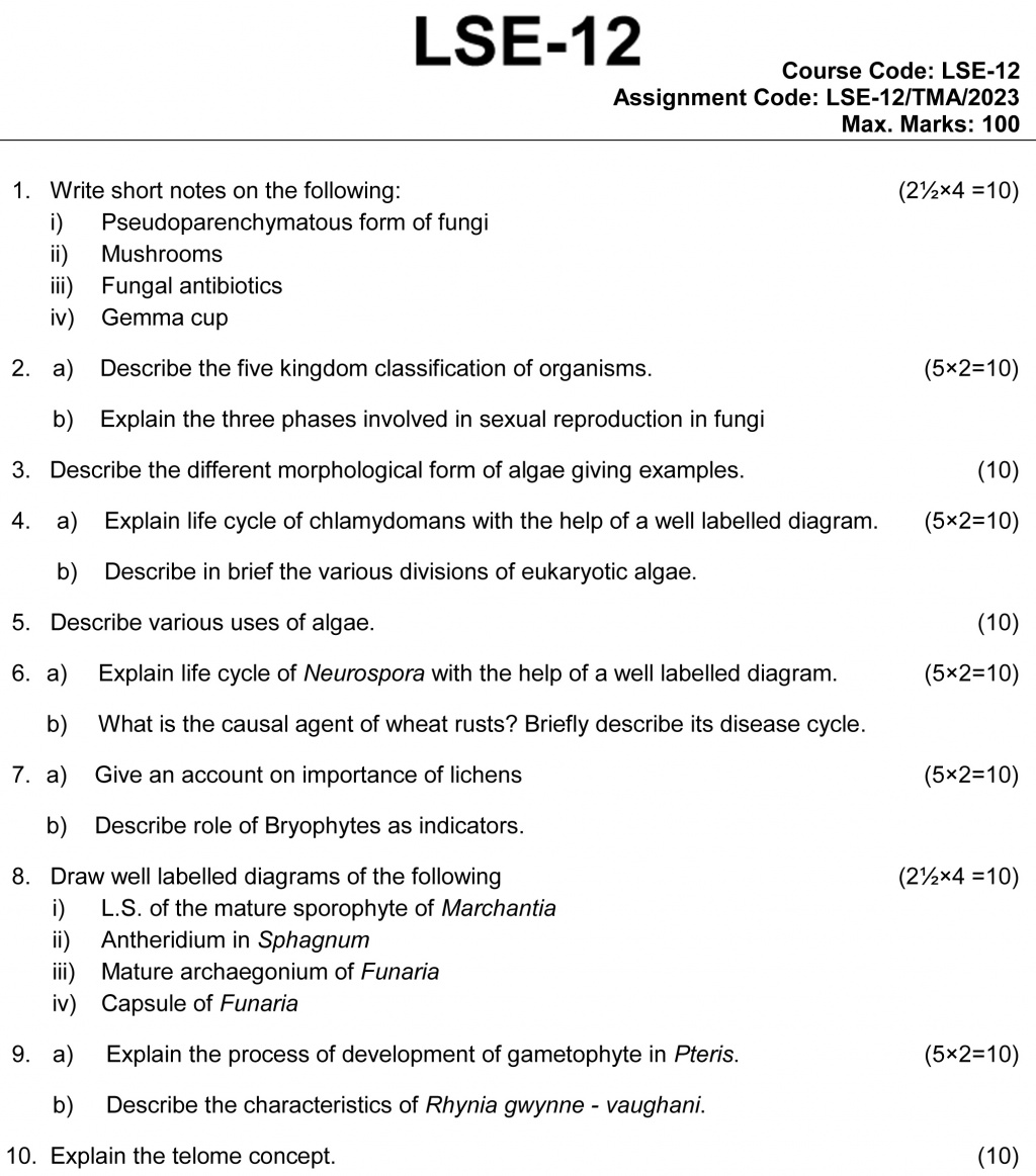 IGNOU LSE-12 - Plant Diversity-I Notes , Latest Solved Assignment-January 2023 - December 2023