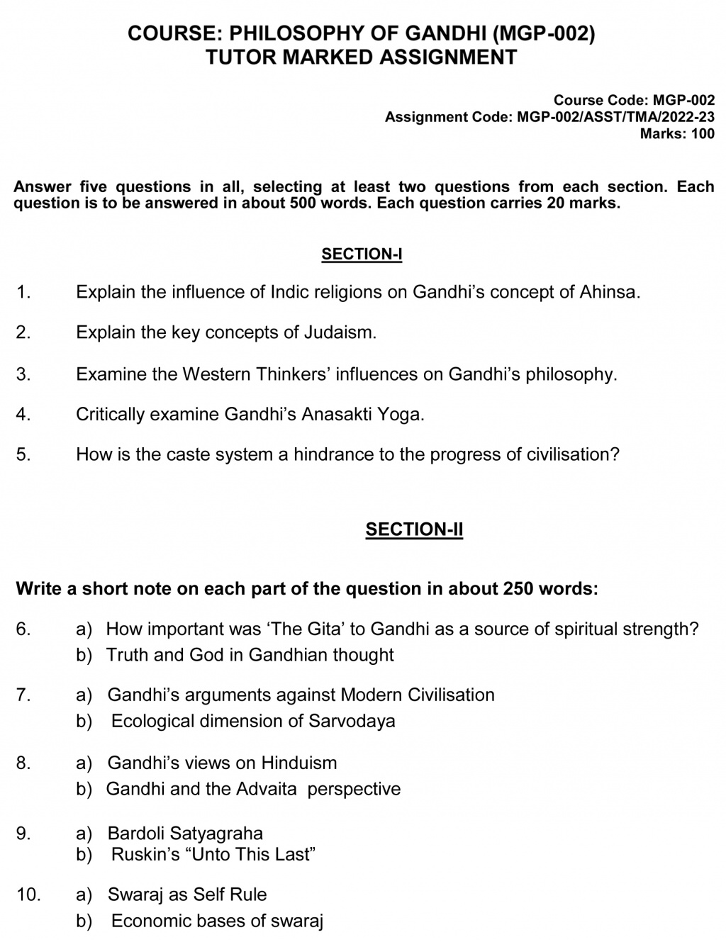 IGNOU MGP-02 - Philosophy of Gandhi Latest Solved Assignment-July 2022 – January 2023