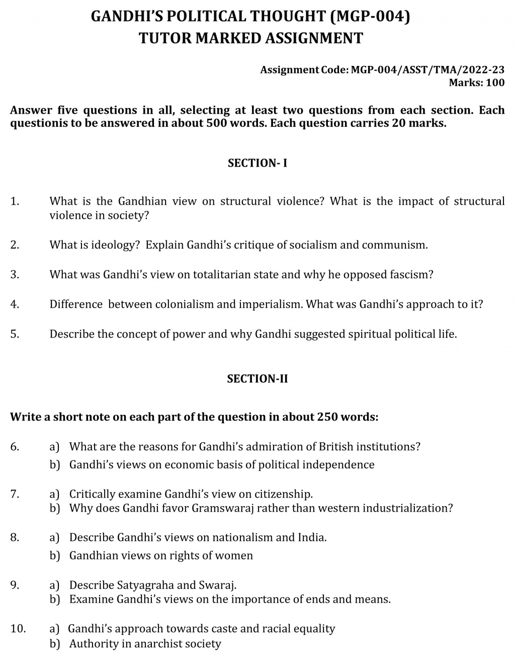 IGNOU MGP-04 - Gandhi’s Political Thought -July 2022 – January 2023