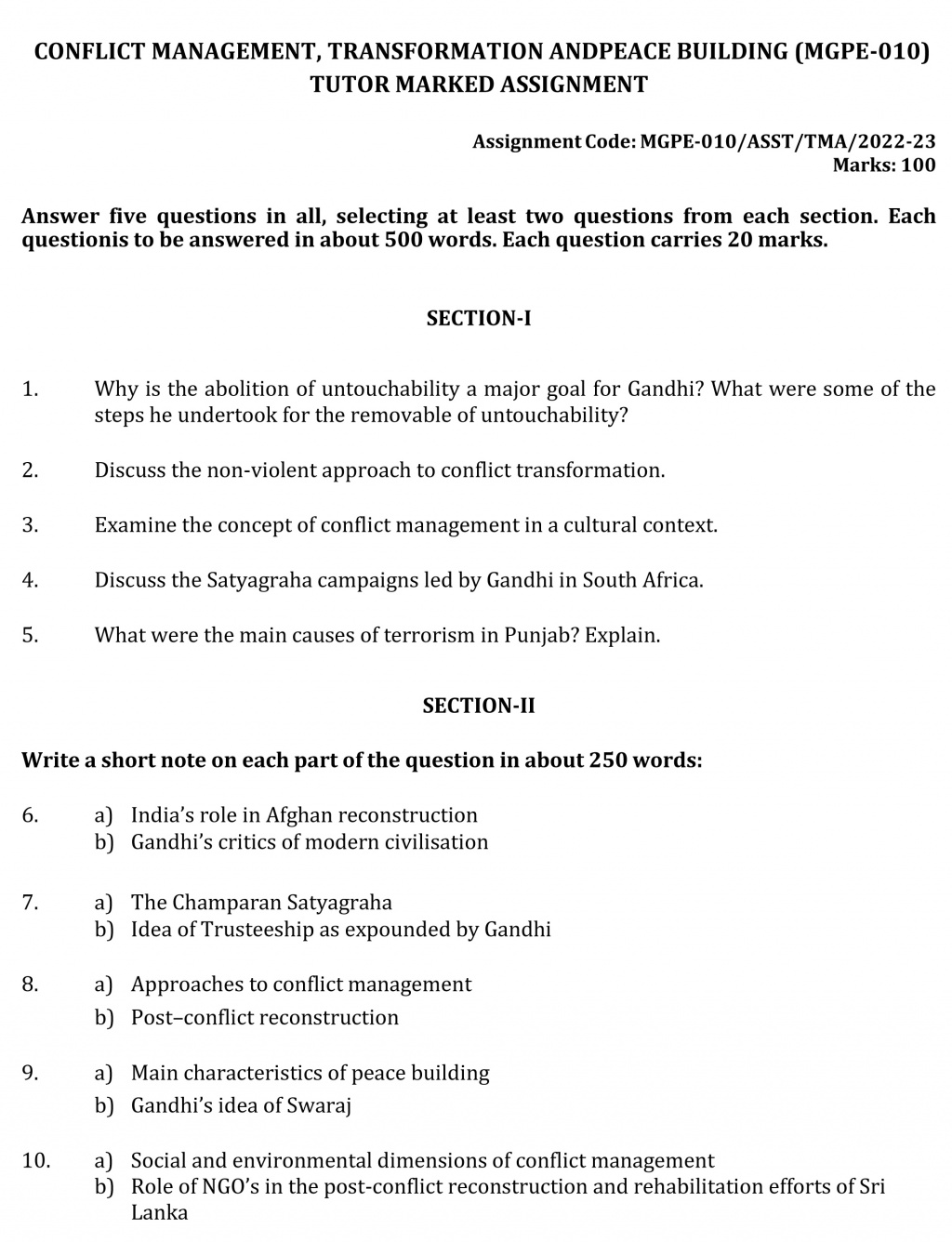 IGNOU MGPE-10 - Conflict Management, Transformation & Peace Building Latest Solved Assignment-July 2022 – January 2023