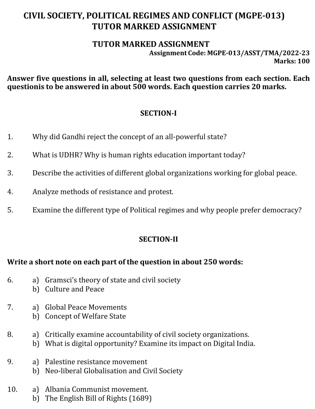 IGNOU MGPE-13 - Civil Society, Political Regimes and Conflict Latest Solved Assignment-July 2022 – January 2023