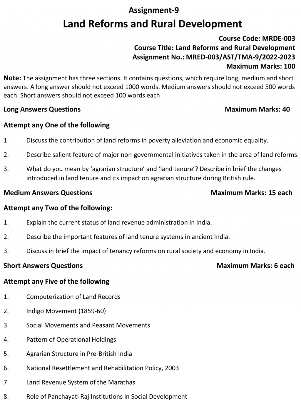 IGNOU MRDE-03 - Land Reforms and Rural Development Latest Solved Assignment-July 2022 – January 2023