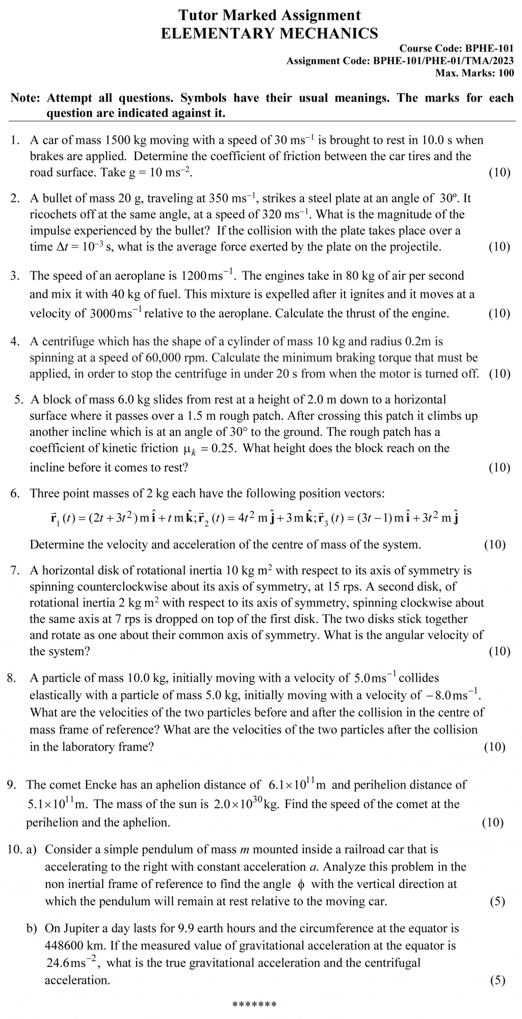 IGNOU BPHE-101/PHE-01 - Elementary Mechanics, Latest Solved Assignment-January 2023 - December 2023