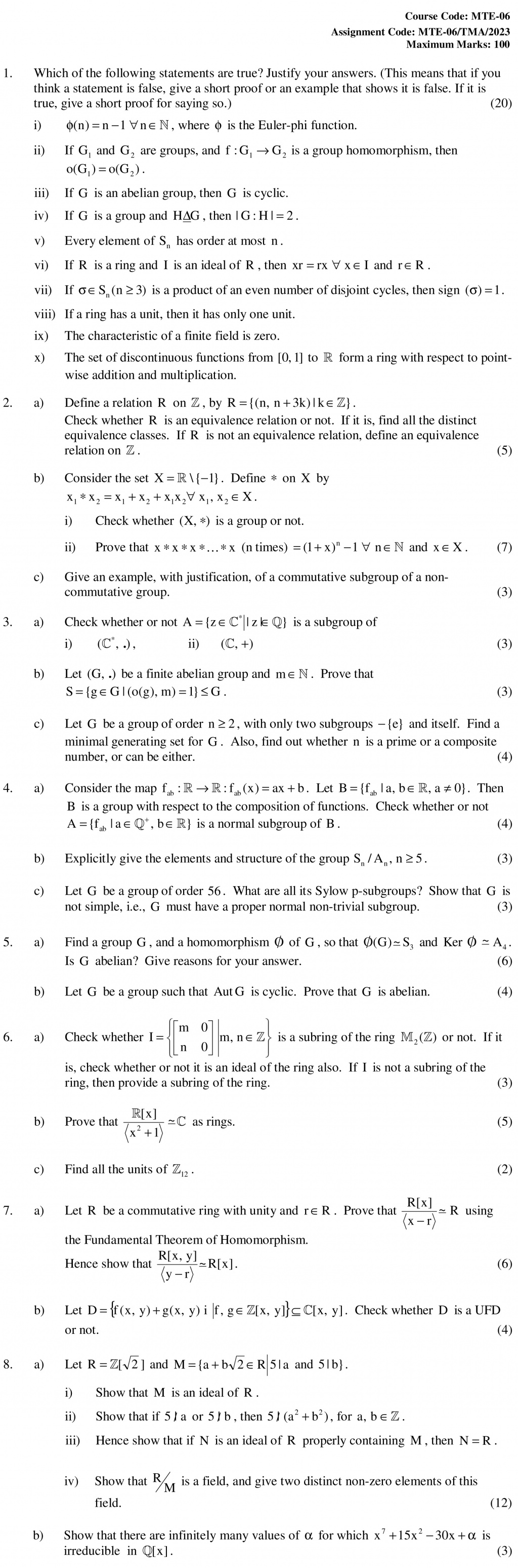 IGNOU MTE-06 - Abstract Algebra, Latest Solved Assignment-January 2023 - December 2023