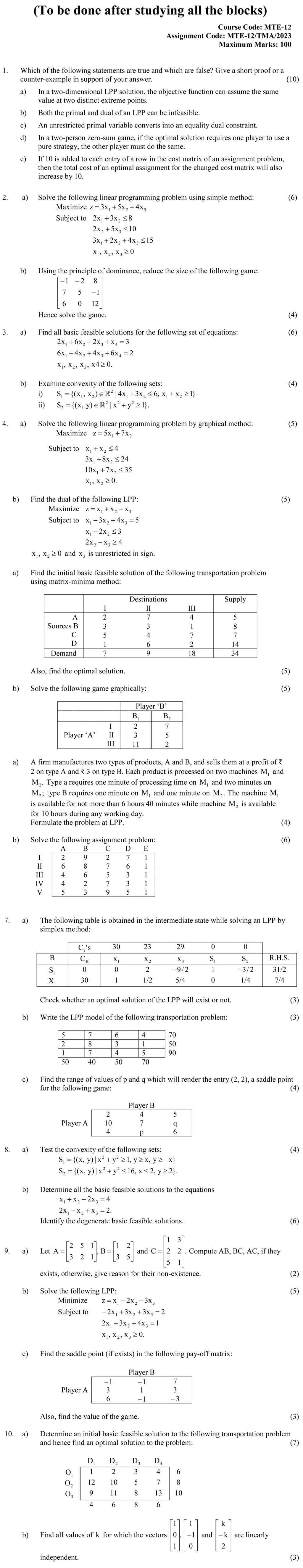 IGNOU MTE-12 - Linear Programming, Latest Solved Assignment-January 2023 - December 2023