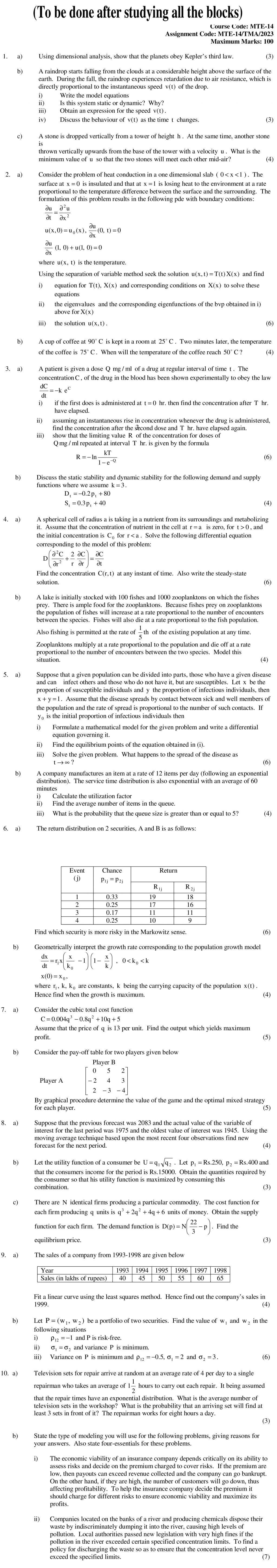 IGNOU MTE-14 - Mathematical Modelling, Latest Solved Assignment -January 2023 - December 2023