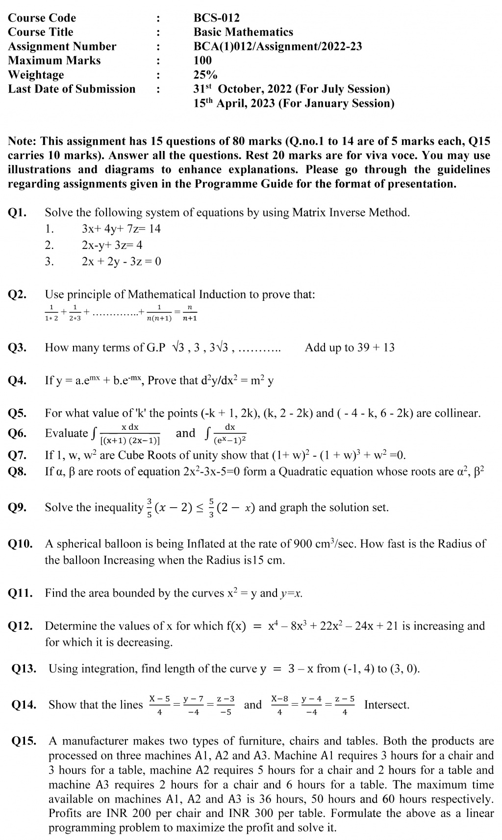 IGNOU BCS-12 - Basic Mathematics, Latest Solved Assignment-July 2022 – January 2023