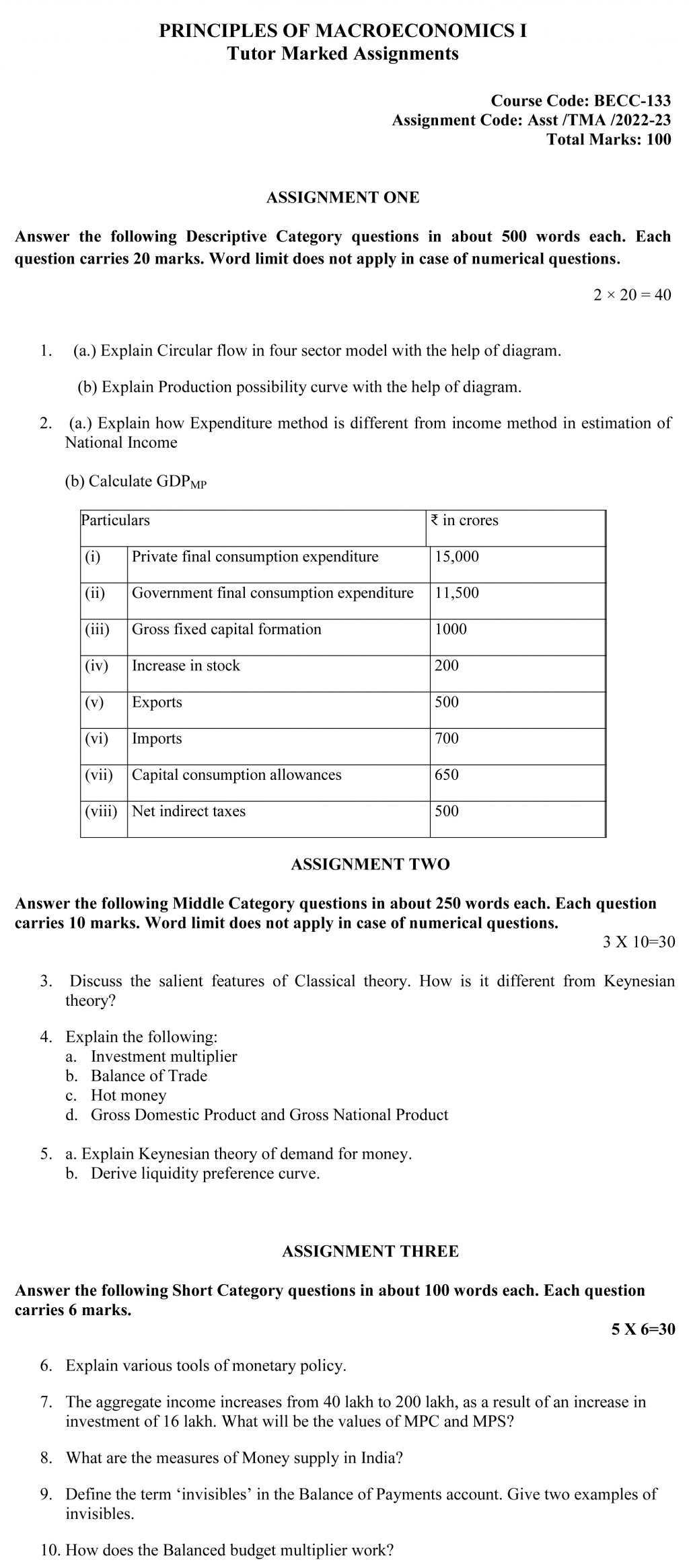 IGNOU BECC-133 - Principles of Macroeconomics-I, Latest Solved Assignment-July 2022 – January 2023