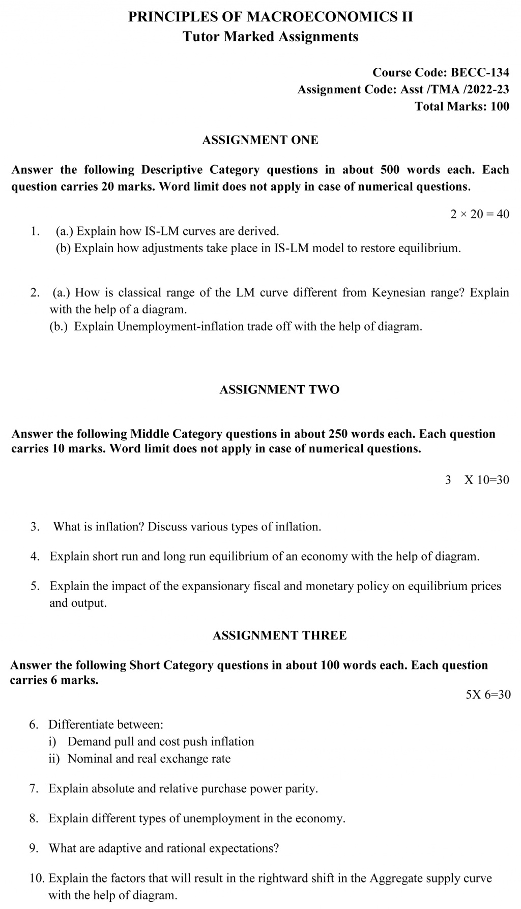 IGNOU BECC-134 - Principles of Macroeconomics-II, Latest Solved Assignment-July 2022 – January 2023