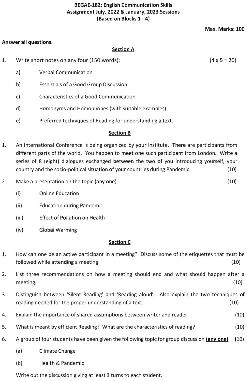 BEGAE-182 - English Communication Skills-July 2022 – January 2023