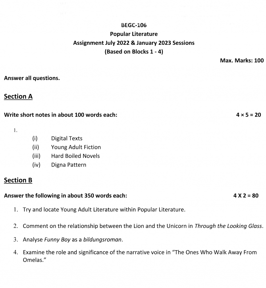 IGNOU BEGC-106 - Popular Literature, Latest Solved Assignment-July 2022 – January 2023