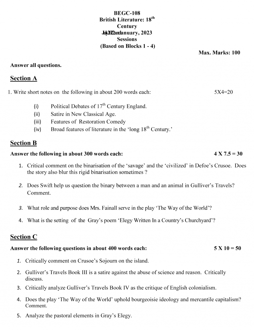 IGNOU BEGC-108 - British Literature: 18th Century, Latest Solved Assignment-July 2022 – January 2023