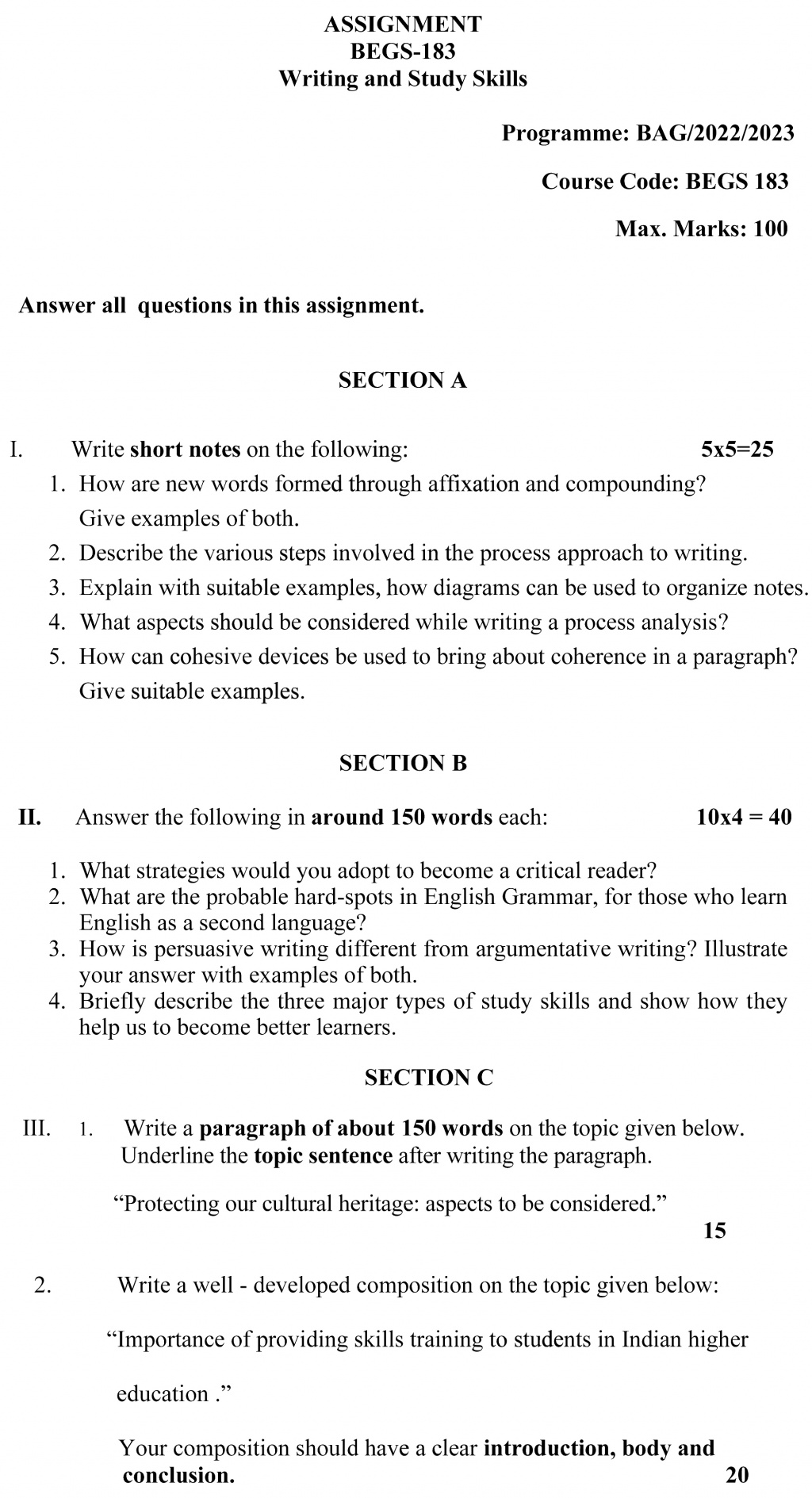 IGNOU BEGS-183 - Writing and Study Skills Latest Solved Assignment-July 2022 – January 2023