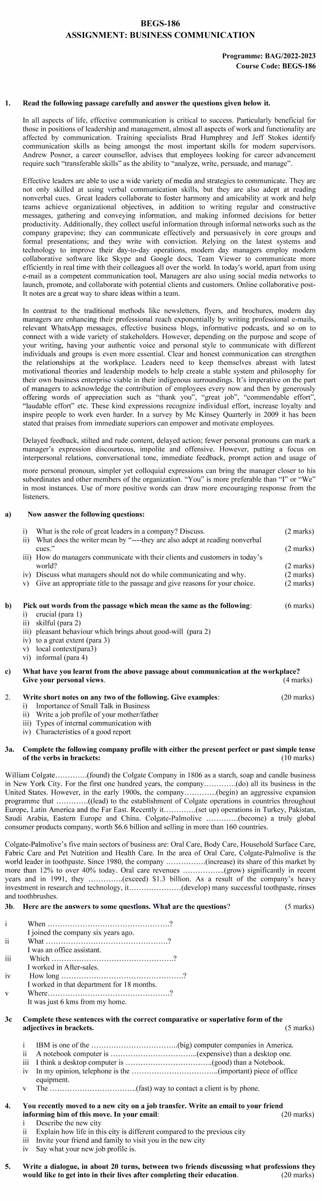 IGNOU BEGS-186 - Business Communication Latest Solved Assignment-July 2022 – January 2023