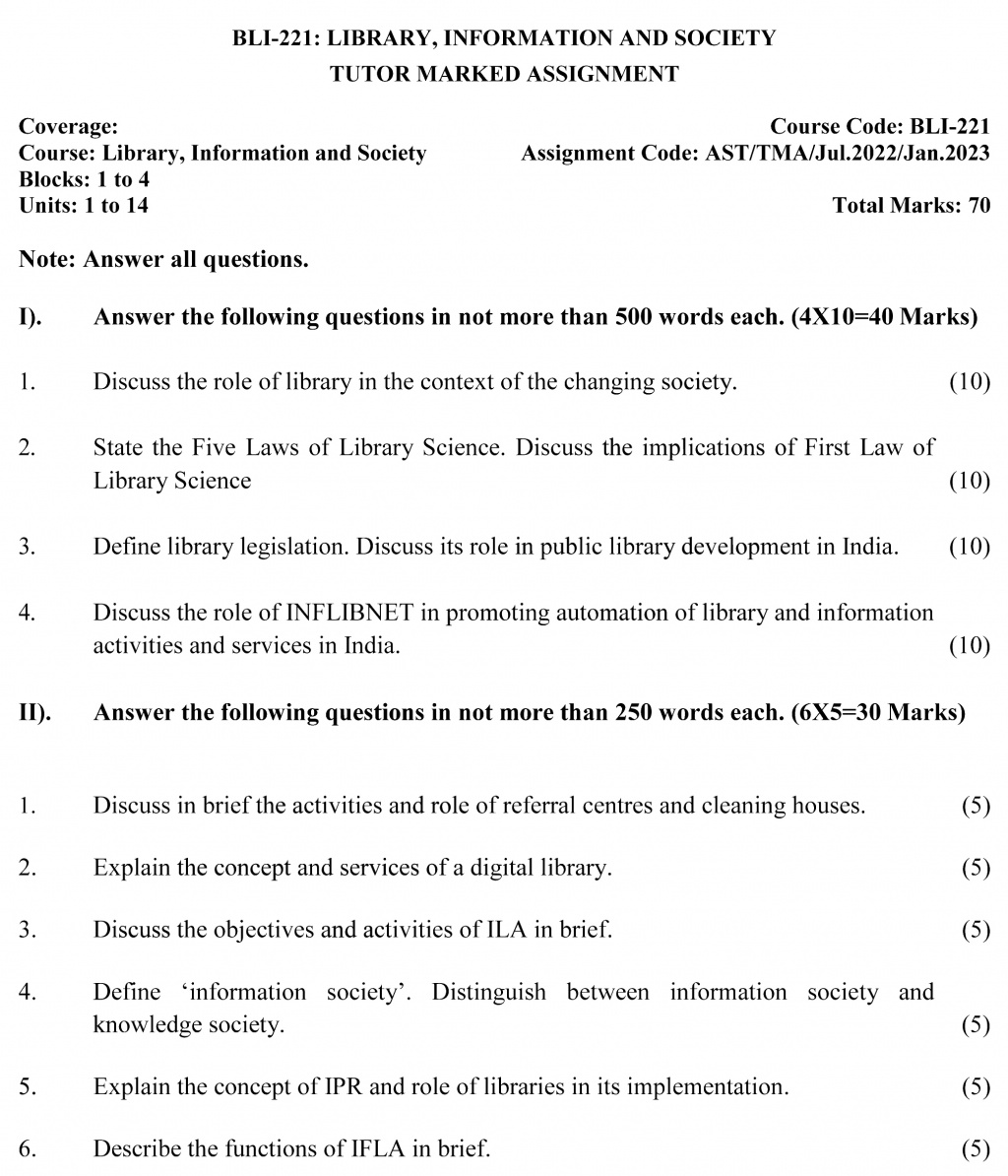 IGNOU BLI-221 - Library, Information and Society, Latest Solved Assignment-July 2022 – January 2023