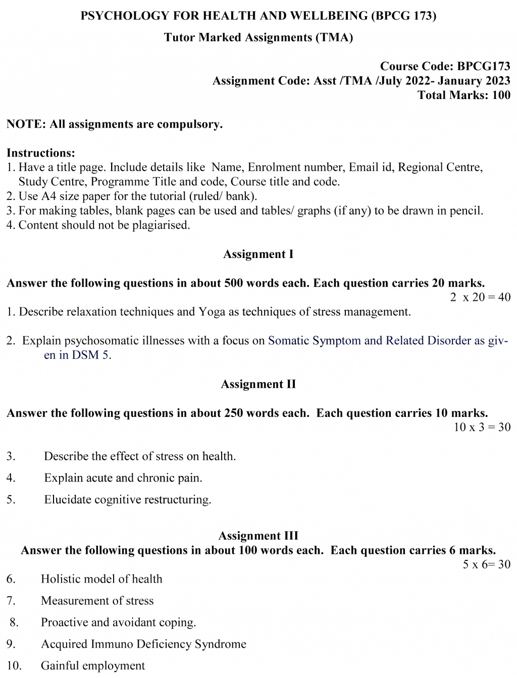 IGNOU BPCG-173 - Psychology for Health and Well Being, Latest Solved Assignment -July 2022 – January 2023