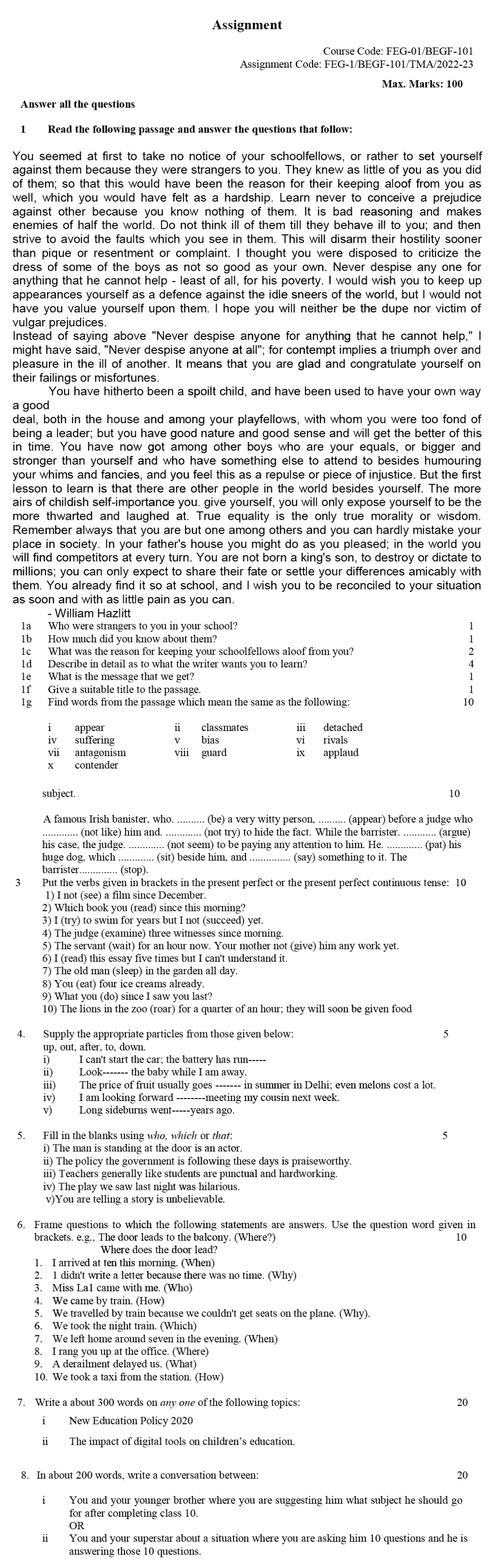 IGNOU FEG-01/BEGF-101 - Foundation Course in English-I Latest Solved Assignment-July 2022 – January 2023