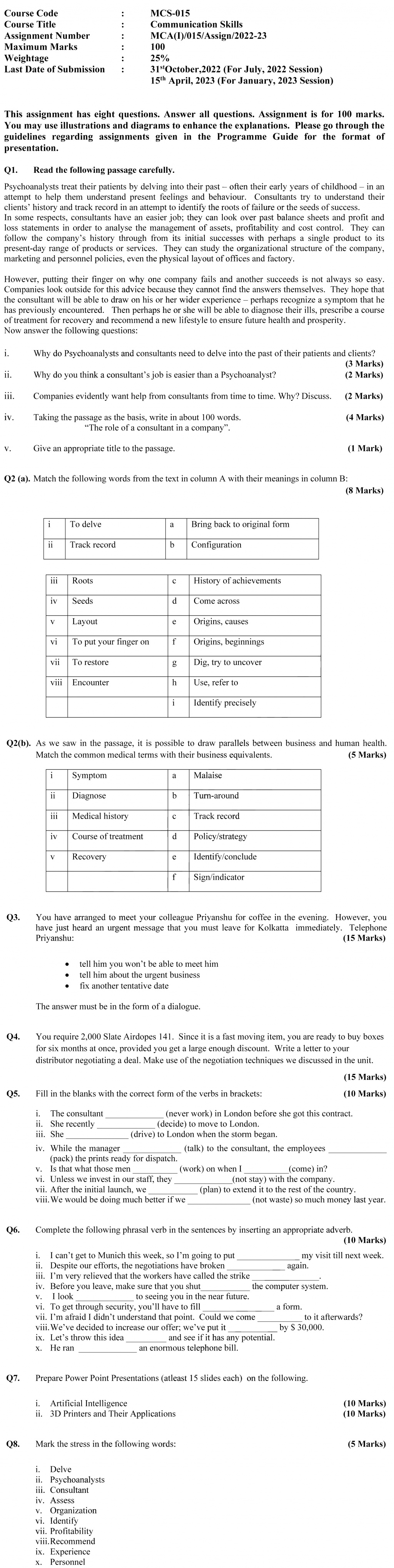 IGNOU MCS-15 - Communication Skills, Latest Solved Assignment-July 2022 – January 2023