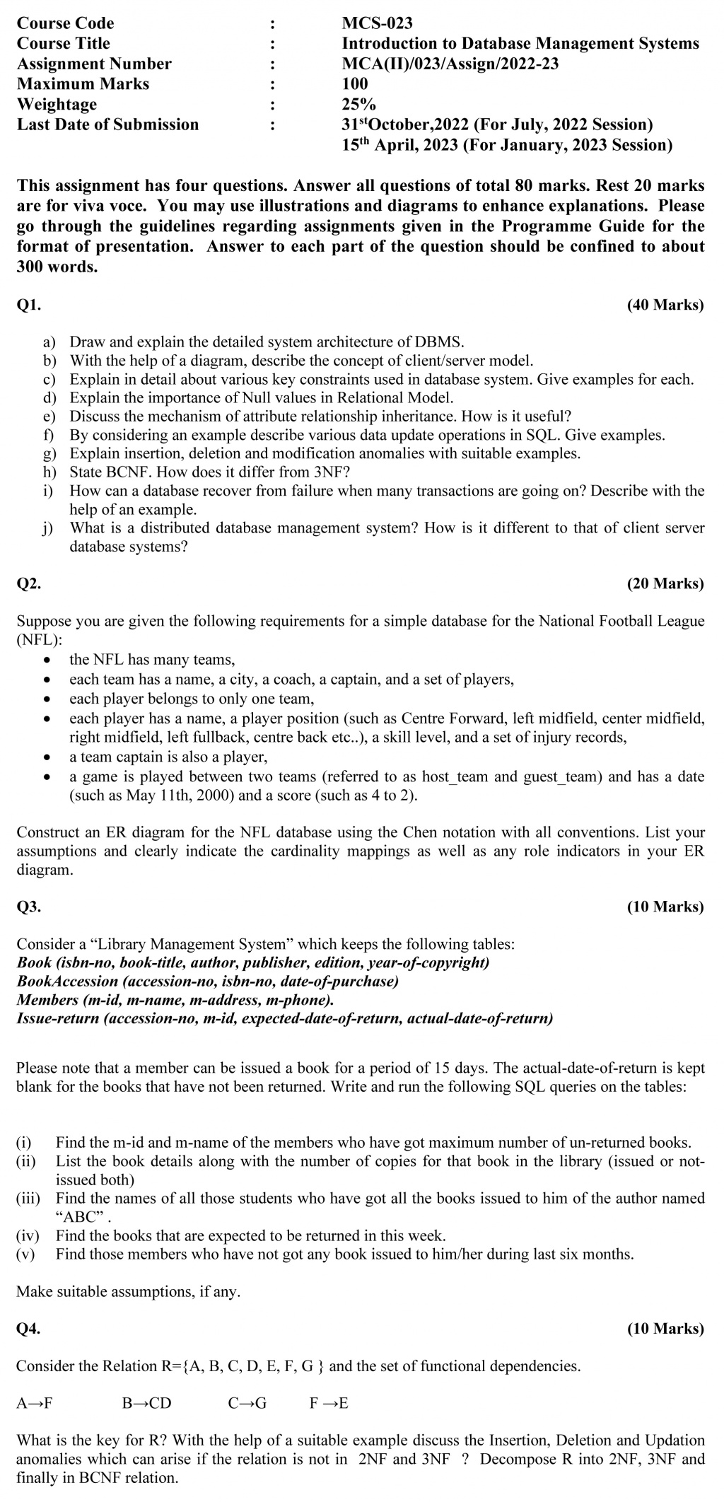 IGNOU MCS-23 - Introduction to Database Management Systems, Latest Solved Assignment-July 2022 – January 2023