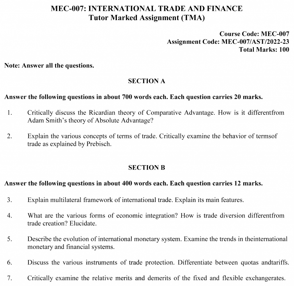 IGNOU MEC-07 - International Trade and Finance Latest Solved Assignment-July 2022 – January 2023