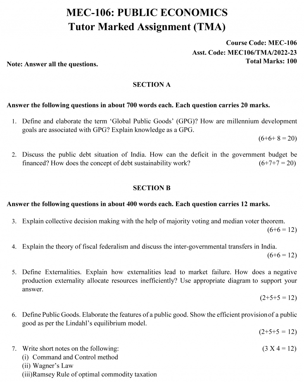 IGNOU MEC-106 - Public Economics Latest Solved Assignment-July 2022 – January 2023