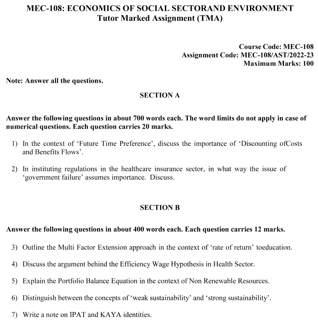 IGNOU MEC-108 - Economics of Social Sector and Environment Latest Solved Assignment-July 2022 – January 2023