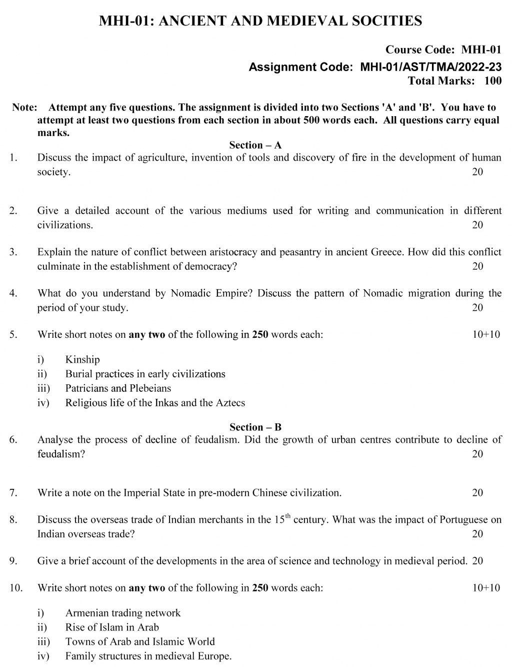 IGNOU MHI-01 - Ancient and Medieval Societies Latest Solved Assignment-July 2022 – January 2023