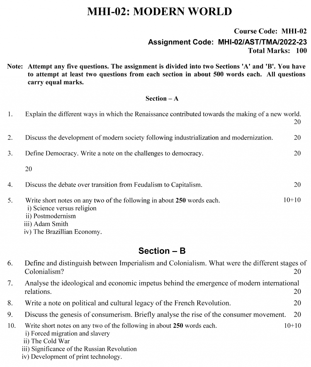 IGNOU MHI-02 - Modern World Latest Solved Assignment-July 2022 – January 2023