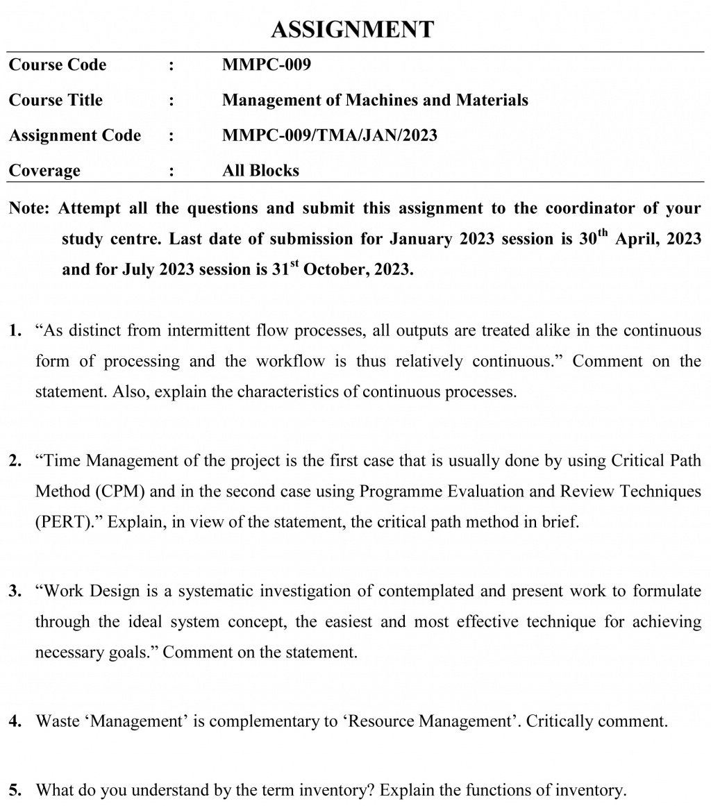 IGNOU MMPC-09 - Management of Machines and Materials Latest Solved Assignment-January 2023 - July 2023