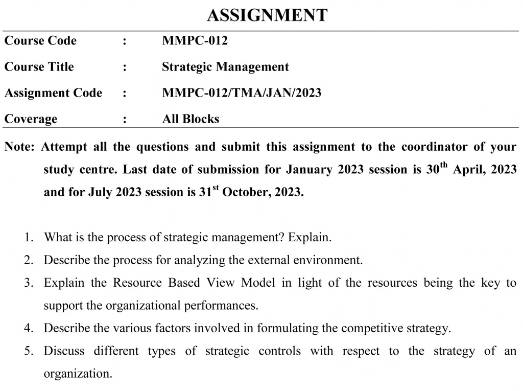 IGNOU MMPC-12 - Strategic Management Latest Solved Assignment-January 2023 - July 2023