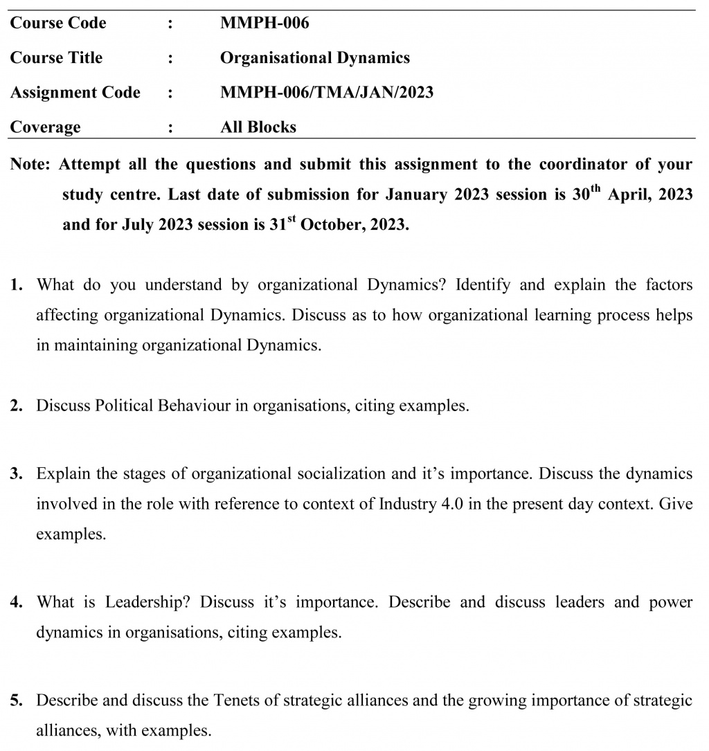 IGNOU MMPH-06 - Organisational Dynamics Solved Assignment-January 2023 - July 2023