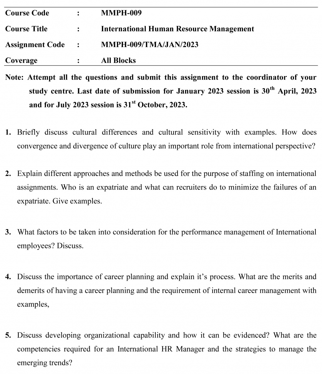 IGNOU MMPH-09 - International Human Resource Management Latest Solved Assignment-January 2023 - July 2023