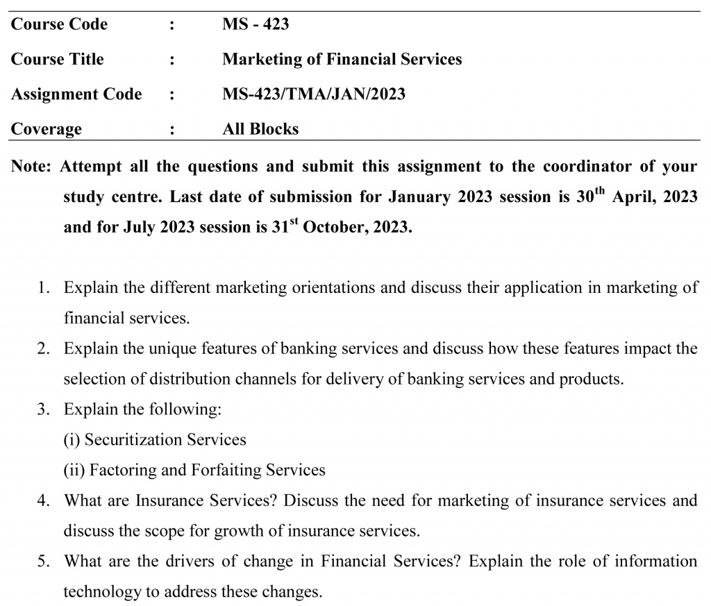 IGNOU MS-423 - Marketing of Financial Services Latest Solved Assignment-January 2023 - July 2023