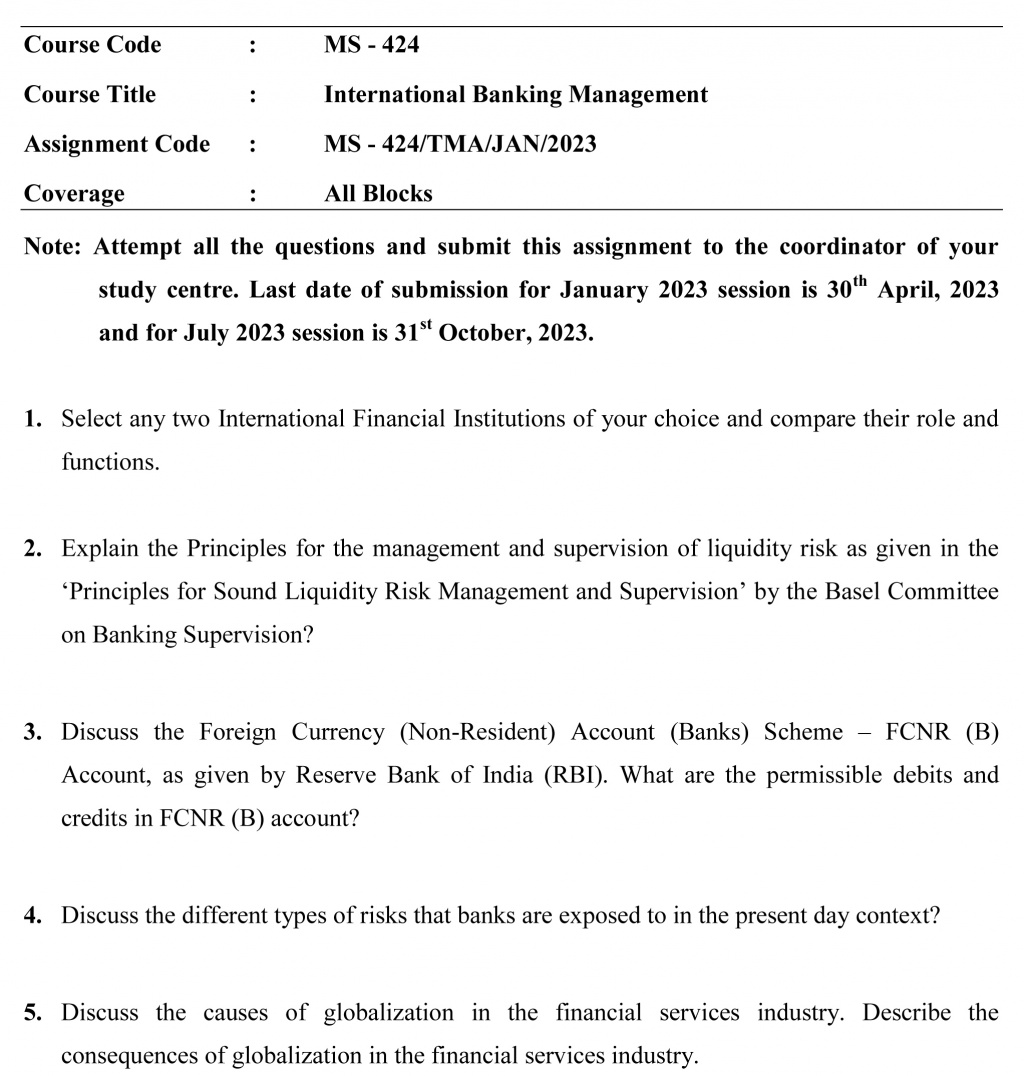 IGNOU MS-424 - International Banking Management Latest Solved Assignment-January 2023 - July 2023