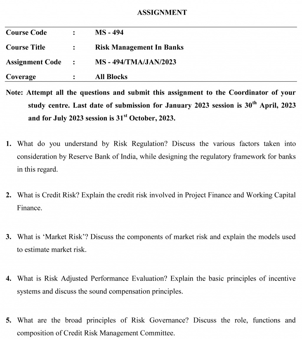 IGNOU MS-494 - Risk Management in Banks Latest Solved Assignment-January 2023 - July 2023