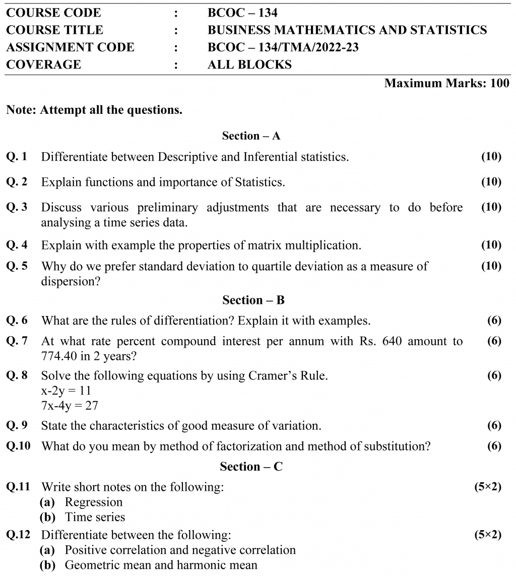 IGNOU BCOC-134 - Business Mathematics and Statistics, Latest Solved Assignment-January 2023 - December 2023